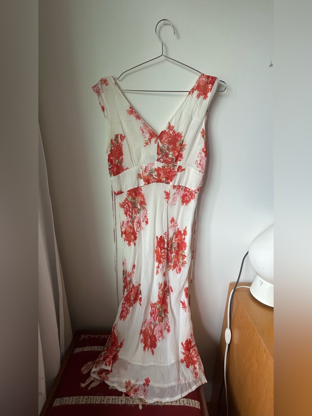 Floral V-Neck White midi Dress with Red Blooms